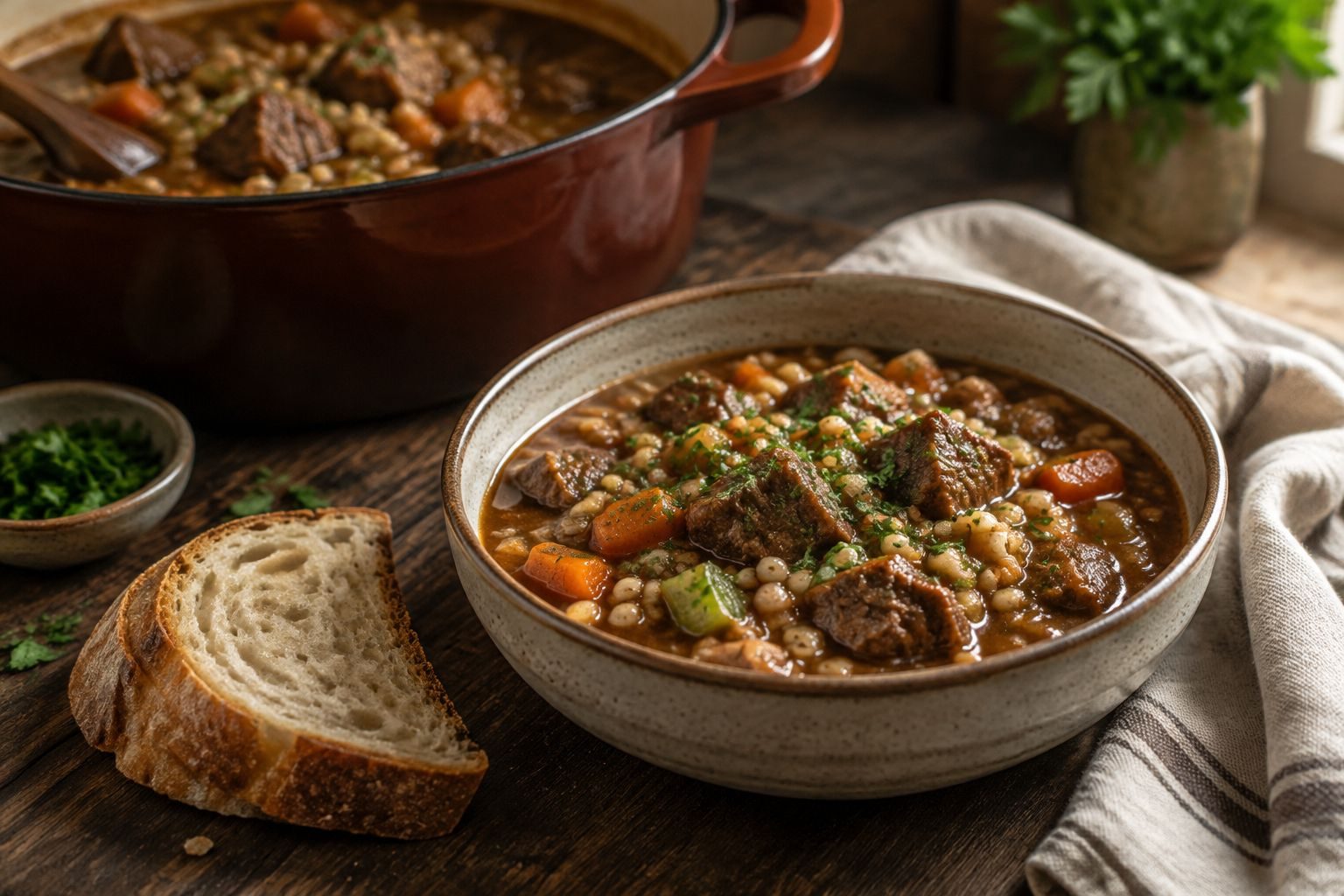 A stoneware bowl of beef and barley stew with carrots and parsley, with crusty bread and a Dutch oven behind