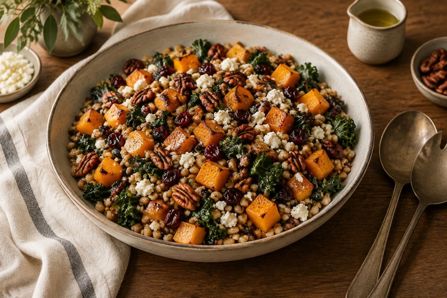 A wide bowl of farro salad with roasted butternut squash, kale, cranberries, pecans and feta