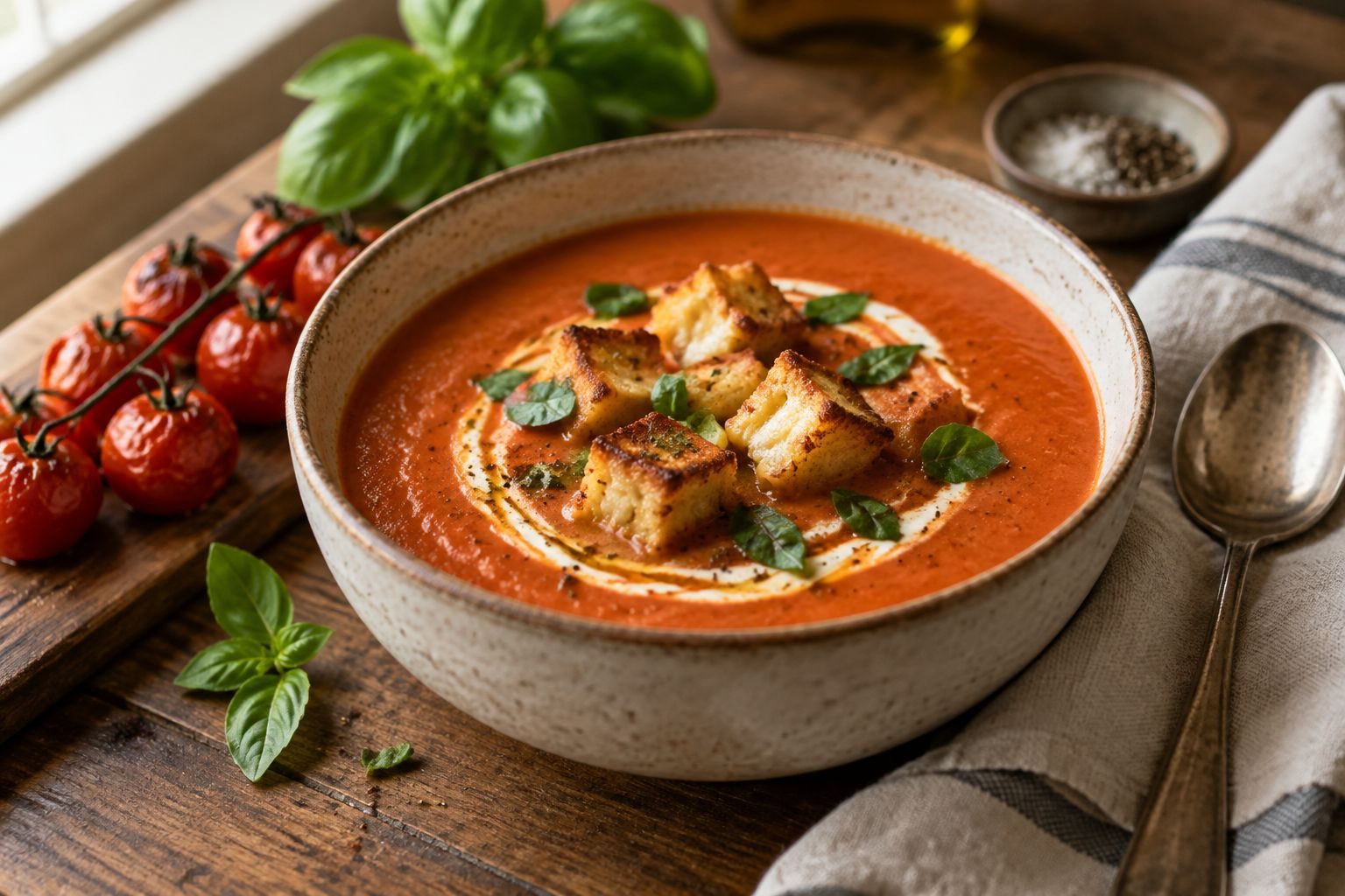 A bowl of smooth roasted tomato soup with a swirl of cream, basil leaves and grilled cheese croutons