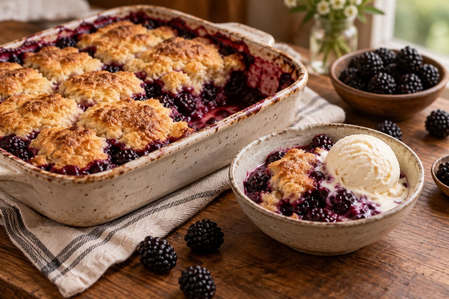 A baking dish of blackberry cobbler with a golden biscuit topping beside a bowl served with vanilla ice cream