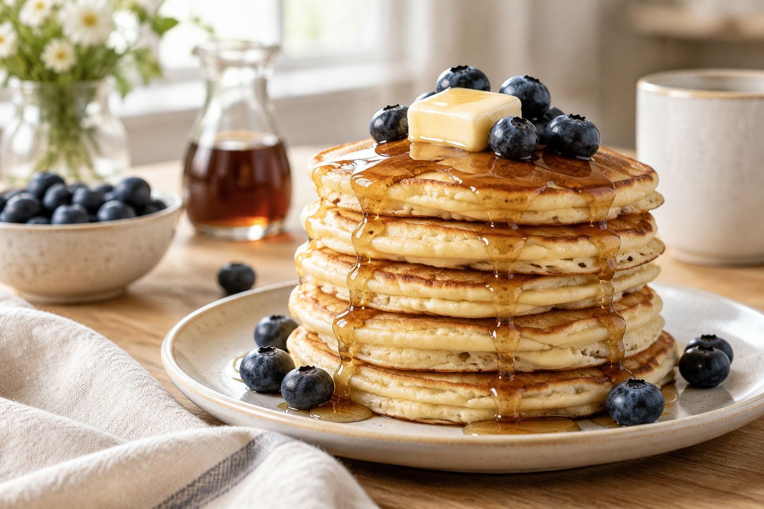 A tall stack of buttermilk pancakes with melting butter, maple syrup and fresh blueberries