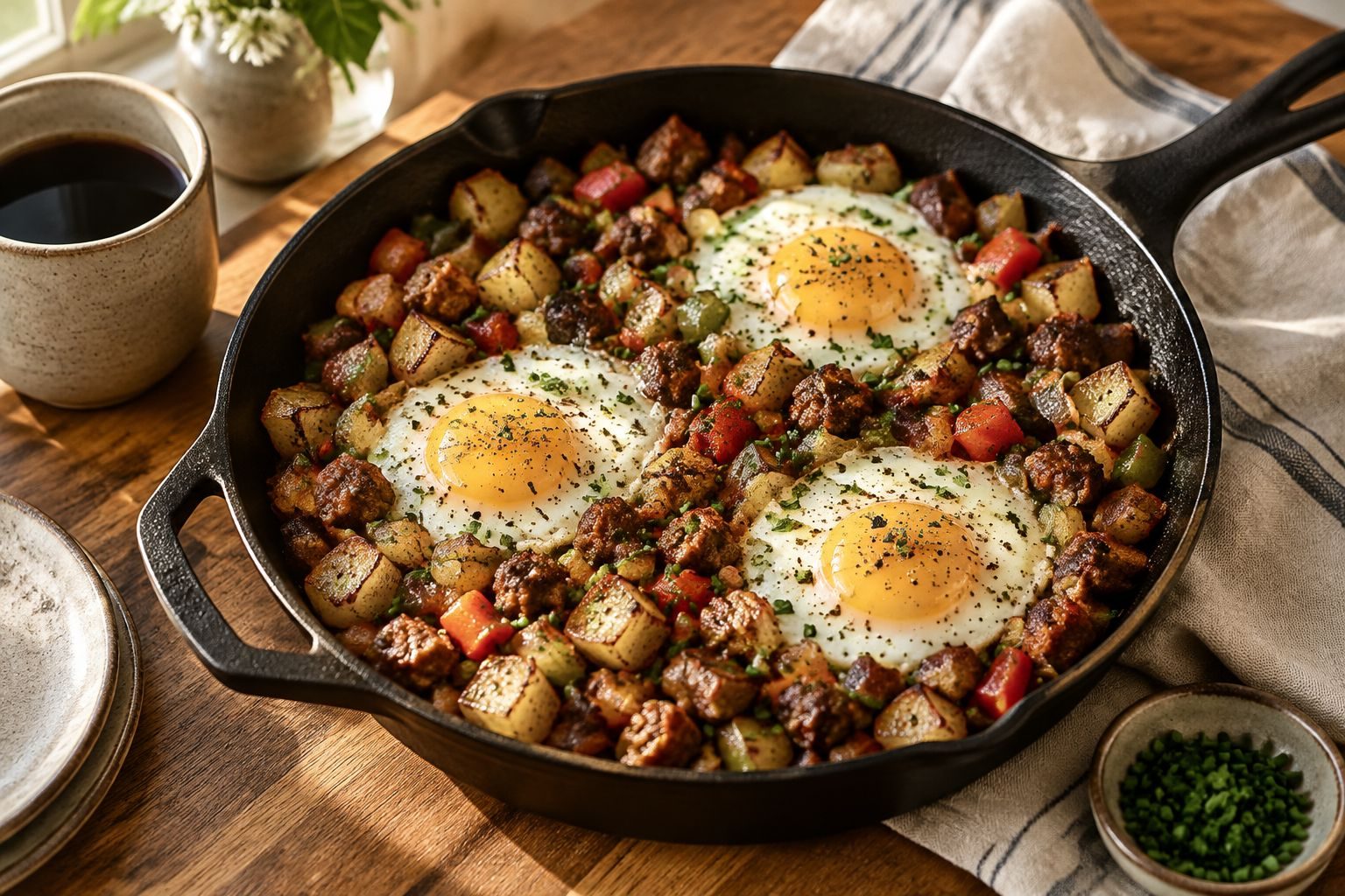 A cast-iron skillet of crispy potato and sausage hash with peppers, topped with sunny-side-up eggs and chives