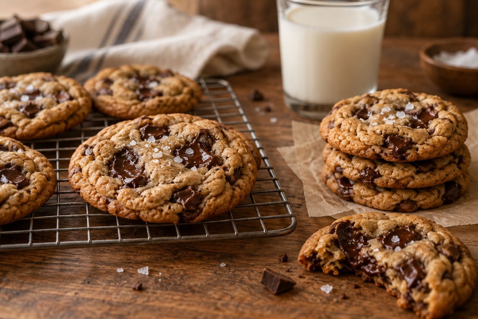 Brown butter chocolate chip cookies with flaky salt on a cooling rack next to a glass of milk