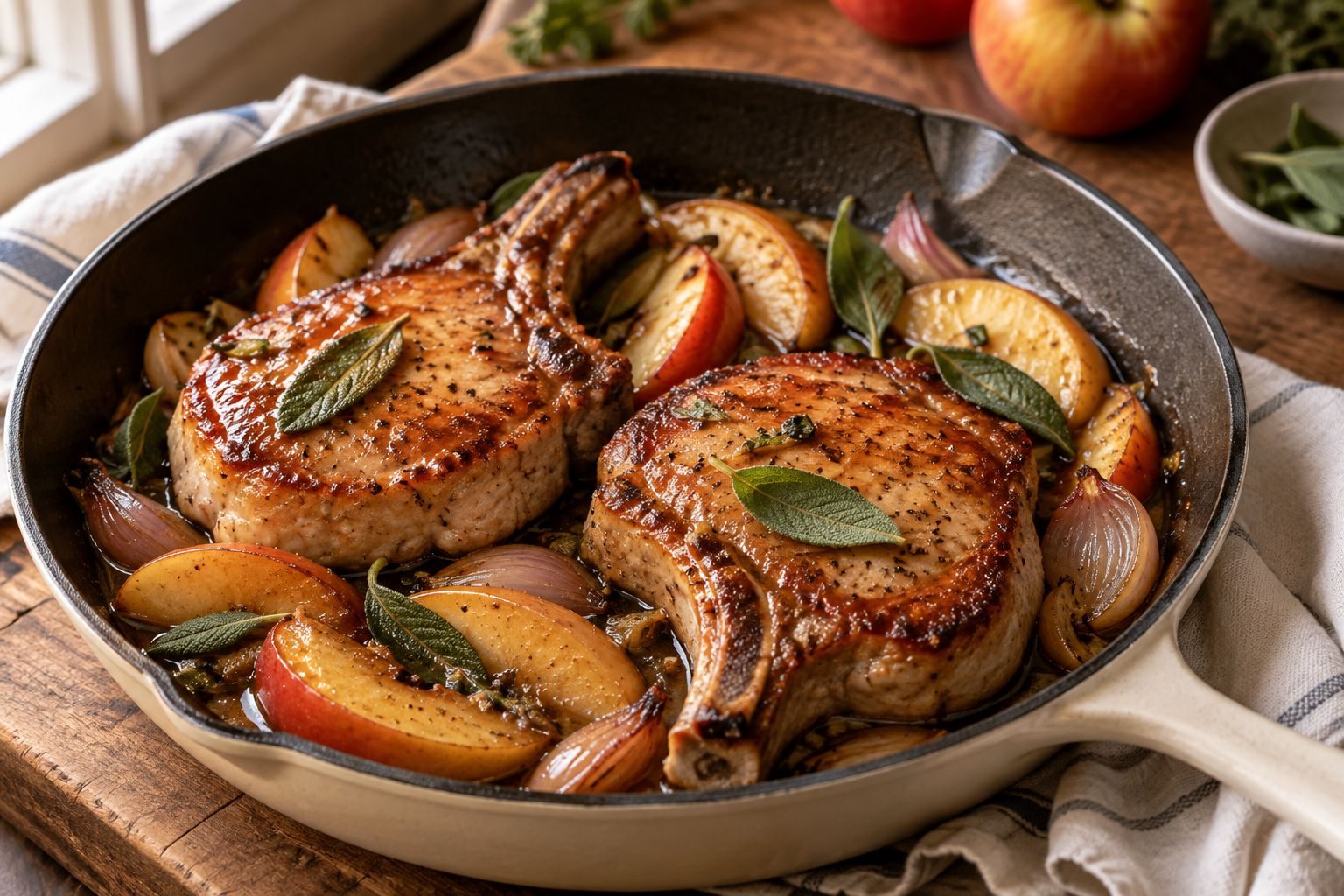 Two seared bone-in pork chops in a skillet with glossy cider glaze, caramelized apple slices, shallots and sage
