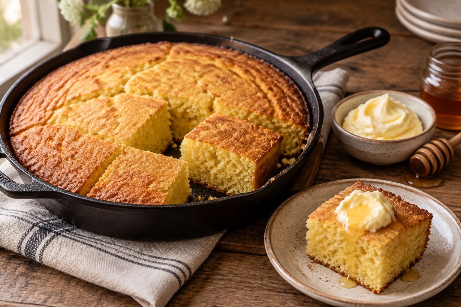Golden cornbread in a cast-iron skillet with a few squares cut and a bowl of whipped honey butter